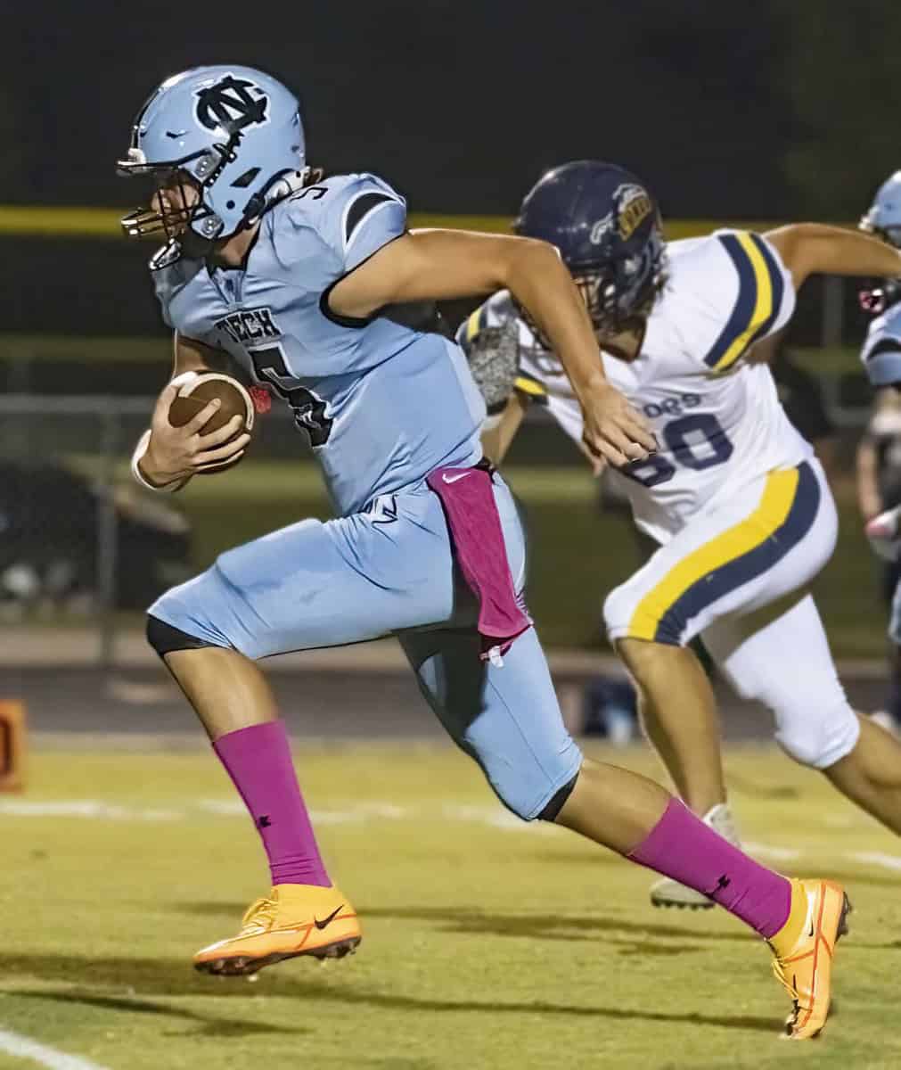 Nature Coast ,5, Jackson Hoyt finds room to run against Land O’ Lakes early in Friday night’s contest. Photo by JOE DiCRISTOFALO