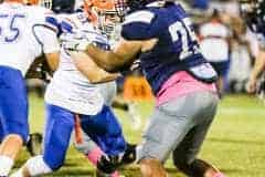 Friday night's Homecoming game at Central on October 14, 2022. Bears No. 25 Emaurien Davis goes up against Branford's Buccaneer No. 51 Conner Harris. Photo by Cheryl Clanton.