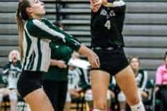 Hornets No. 4 Sr. Allora Murray and No 5 Sr. Joelysee Morales work together continuing the volley against Lecanto Panthers Wednesday October 5, 2022. Photo by Cheryl Clanton.