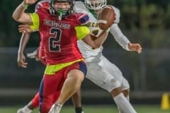 Roman Strat, 2, Springstead linebacker intercepted this Lecanto pass attempt late in the first half of Springstead High’s 14-0 win at home Friday night. Photo by JOE DiCRISTOFALO