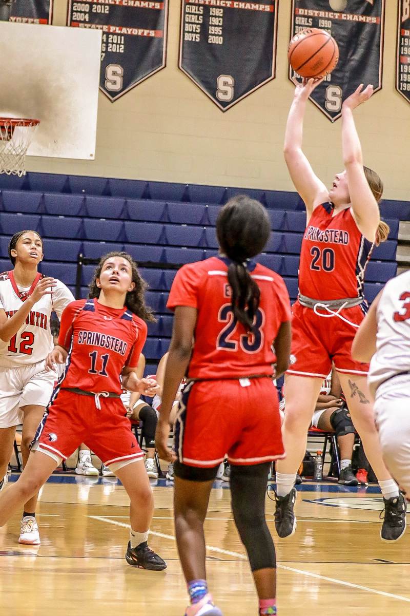 Tuesday night Nov. 8 Springstead Eagles #20 Sr. Amelia Sullivan takes her shot to put more points on the board.  Photo by Cheryl Clanton.