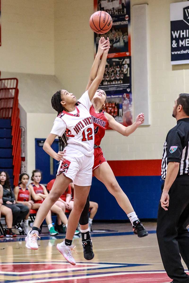 Game two of the Fourth Annual Preseason Classic at Springstead High School on November 8, 2022. The Eagles are ready to battle against South Sumter. Defense play, Eagles #24 Sr. Isabella Paul and Panthers #12 Onjanai Johnson start off the game. Photo by Cheryl Clanton.