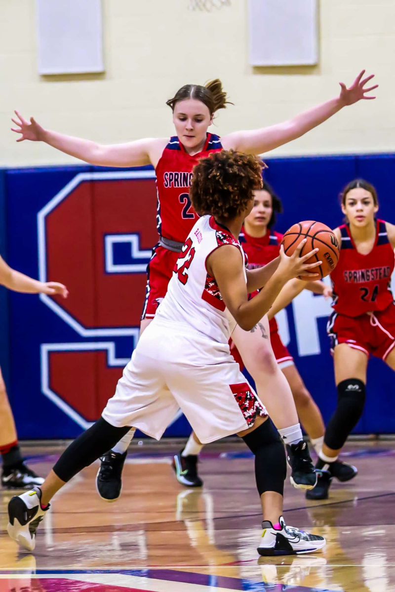 Game two of the Fourth Annual Preseason Classic at Springstead High School on November 8, 2022. The Eagles are ready to battle against South Sumter. Defense play, Eagles #20 Amelia Sullivan attempting to block South Sumter Panther. Photo by Cheryl Clanton.