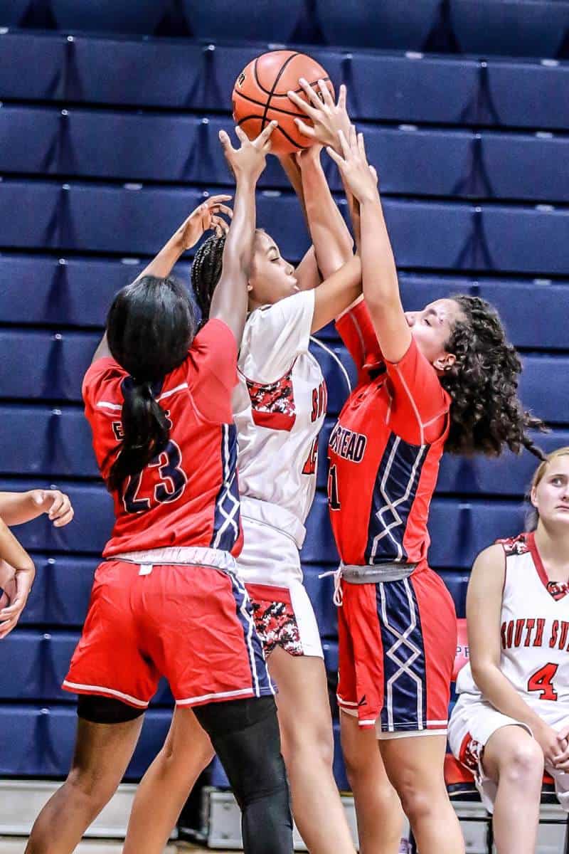 Game two of the Fourth Annual Preseason Classic at Springstead High School on November 8, 2022. The Eagles are ready to battle against South Sumter. Defense play, Eagles #11 Jr. Samantha Suarez and #23 Fr. J'iyah Munford.  Photo by Cheryl Clanton.