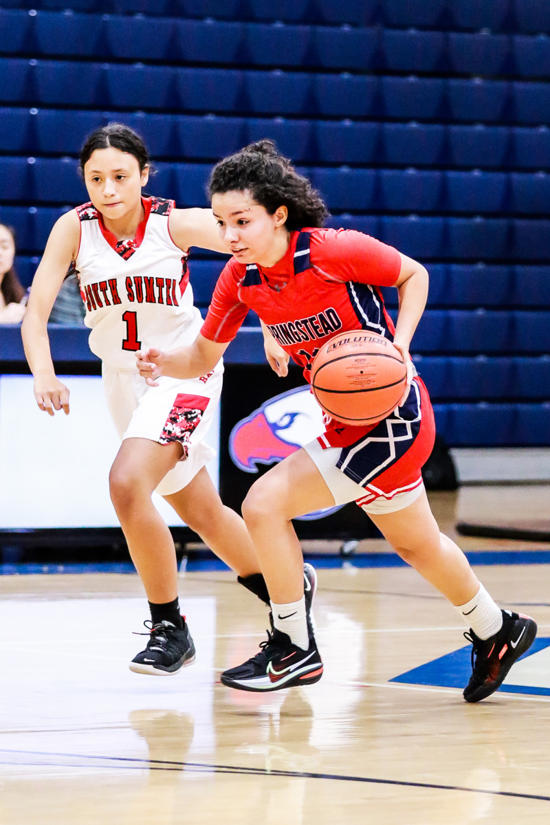 Game two of the Fourth Annual Preseason Classic at Springstead High School on November 8, 2022. The Eagles are ready to battle against South Sumter. Defense play, Eagles #11 Jr Samantha Suarez takes ball down the court against South Sumter.  Photo by Cheryl Clanton.