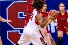 Game two of the Fourth Annual Preseason Classic at Springstead High School on November 8, 2022. The Eagles are ready to battle against South Sumter. Defense play, Eagles #20 Amelia Sullivan attempting to block South Sumter Panther. Photo by Cheryl Clanton.