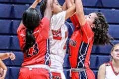 Game two of the Fourth Annual Preseason Classic at Springstead High School on November 8, 2022. The Eagles are ready to battle against South Sumter. Defense play, Eagles #11 Jr. Samantha Suarez and #23 Fr. J'iyah Munford.  Photo by Cheryl Clanton.