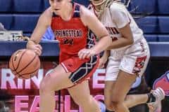 Springsteads #21 Jr. Lucy Waggoner dribbles back down the court in Tuesday nights game (Nov. 8). Photo by Cheryl Clanton.