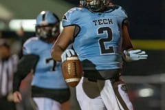 NCT, 2, Christian Cromer acknowledges a touchdown during the Nature Coast Homecoming game against Central High. Photo by JOE DiCRISTOFALO