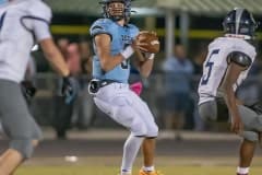 NCT QB, 5, Jackson Hoyt looking downfield for a receiver found ,13, Brady Nowlin, not pictured, for a touchdown in the game versus Central High at Nature Coast.  Photo by JOE DiCRISTOFALO
