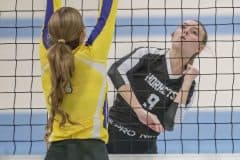 Weeki Wachee ,9, Trinity Garrison hits over the Hernando defense in the 4A District 9 semi-final play off match at Nature Coast High. Photo by JOE DiCRISTOFALO