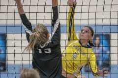 Hernado High, 6, Kaiya Ward volleys over the Weeki Wachee  defense  in the 4A District 9 semi-final play off match at Nature Coast High. Photo by JOE DiCRISTOFALO