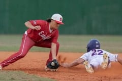 Hernando High ,22, Drew Vanalstine steals second ahead of the throw to Springstead shortstop, Nick Franklin Tuesday in Brooksville. Photo by JOE DiCRISTOFALO