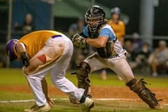 Nature Coast Tech catcher, Kannin Fleming hustles to tag Hernando High runner, Anthony Talpa during a run down play Tuesday night at Nature Coast.Photo by JOE DiCRISTOFALO