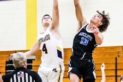 Tuesday night February 17, 2023 Boys Basketball District Quarterfinal. Anclote vs HHS. Start of game with Anclote #13 vs HHS #4 Senior Will Tigue. Photo by Cheryl Clanton.