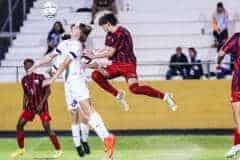 Monday night November 8, 2022 at Hernando High School boys varsity soccer. Eagles #20 So. Christian Gies came behind Hernando Leopards for heading hit to take control of the ball.  Photo by Cheryl Clanton.