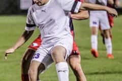 Monday night November 8, 2022 at Hernando High School boys varsity soccer. Eagles #8 Sr. Murphy Anderson attempting to get ball away from Leopard #23 Photo by Cheryl Clanton.