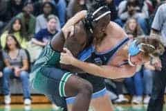 Both Weeki Wachee and Nature Coast wrestler tangle up on the mat 1/4/23 Wednesday afternoon. Weeki Wachee won this match. Photo by Cheryl Clanton.