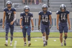 Central High captains, 7 Caden Bergantino, 11 Malachi Russell, 40 Chris Robinson, 14 Braden Joyner, approach the coin toss before the home game versus Anclote. Photo by JOE DiCRISTOFALO