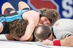 195 pound Jordan Niesen of Nature Coast Tech only needed 26 seconds to pin Brady Messick from Palm Harbor University . Photo by JOE DiCRISTOFALO