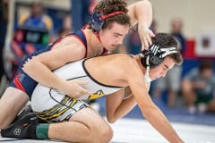 Springstead High’s Josh Gallo sets up a takedown in his match with Aron Nicholas from Lecanto. Gallo took the 138 pound match by Fall at 1:14. Photo by JOE DiCRISTOFALO