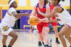 Hernando High, 12, left, Keke Gaines and ,4, Kayla Holloman team up to impede Springstead High, 21, Lucy Waggoner’s attempt at a basket. Photo by JOE DiCRISTOFALO