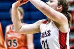 Eagles 21 Jr. Lucy Waggoner takes her foul shot in Tuesday night game against Seminole girl basketball, 11/22/22.  Photo by Cheryl Clanton.