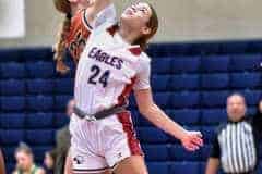 Tuesday night at Springstead November 22, 2022. The Seminole Warhawks took on the Eagles. Eagles 24 Sr. Isavbella Paul goes head to head with Warhawks 25 Jr Devone Swartz for the start of the game.  Photo by Cheryl Clanton.