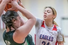 Springstead , 24, Isabella Paul defends a shot attempt against Gulf High’s ,15, Elizabeth Schwab Wednesday at Springstead. Photo by JOE DiCRISTOFALO