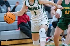 Weeki Wachee High, 1, Paige Atwater looks to pass into the paint during the game against Cypress Creek Wednesday at Weekie Wachee High. Photo by JOE DiCRISTOFALO