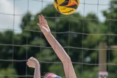 Springstead High , Kat Schrader attempts to direct a volley during Wednesday afternoon Beach Volleyball contest versus Nature Coast Tech at Bishop McLaughlin Catholic High School.photo by JOE DiCRISTOFALO