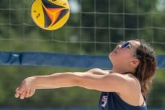 Springstead High , Isabella Nunag sets up a return during Wednesday afternoon Beach Volleyball contest versus Nature Coast Tech at Bishop McLaughlin Catholic High School.photo by JOE DiCRISTOFALO