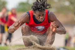 Springstead High , Cordarius Owens lands a long jump at the Springstead Eagle Twilight Track Meet Wednesday. Photo by JOE DiCRISTOFALO