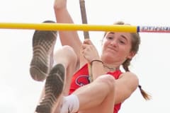 Springstead High vaulter, Sarah Blair eyes the crossbar during a pole vault attempt Wednesday at Springstead High School. Photo by JOE DiCRISTOFALO