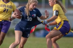 Springstead High’s, 10, couldn’t elude the tackle by Hernando High’s Kasee Grant Monday at Booster Stadium. Photo by JOE DiCRISTOFALO