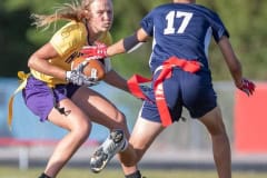 Hernando High, 5,  Kasee Grant tries to elude Springstead High’s ,17, Kandace Hanshaw Monday  at Booster Stadium. Photo by JOE DiCRISTOFALO