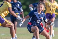 Springstead High, 11, Sam Suarez looks to get past Hernando defender ,7, Shanyea Rayford Monday at Booster Stadium. Photo by JOE DiCRISTOFALO