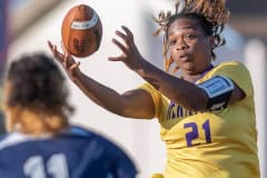 Hernando High, 21, Aaliyah Adams concentrates on catching a pass against Springstead Monday in Spring Hill. Photo by JOE DiCRISTOFALO