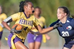 Hernando High, 4, Kayla Holloman tries to get by Springstead High’s ,20, Gianna Staubitz Monday at Booster Stadium. Photo by JOE DiCRISTOFALO