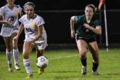 Hornet #8 Monica Bierwirth scored a goal against Hernando Leopards Wednesday night 12/7/22. Battling for the ball Leopard #13 and Hornet #8 Monica Bierwirth. Photo by Cheryl Clanton.