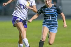 Hernando High ,11, Victoria Watler and Nature Coast 17, Ashlynn Sentner contend for a loose ball during the Wednesday night matchup at NCT. Photo by JOE DiCRISTOFALO