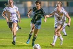 Nature Coast ,3, Jaiden Gilbert tries to split  Hernando defenders ,11, Victoria Watler and Hailey Collins, 10. Photo by JOE DiCRISTOFALO.