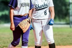 Leopards Slam Tournament Sharks #8 Jr. Carlee Anselmo makes it to second base while Leopards #13 Jr. Carmen Edwards second baseman protects plate. Photography by Santo.