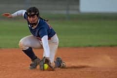 Springstead second base, 42, Sarah Torres makes a backhanded catch robbing a base hit and helping to limit visiting Weeki Wachee High to one run Tuesday evening. Photo by JOE DiCRISTOFALO