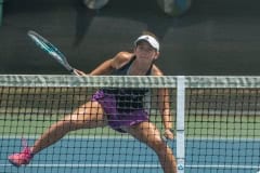 Hernando High's Annabelle Chamberlain follows a volley in her the  number 2 doubles final match with Lecanto High during Gulf Coast 8 conference championship held a Delta Woods Park. Photo by JOE DiCRISTOFALO