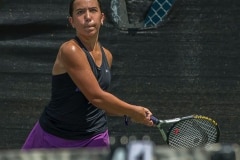 Hernando High's Valentina Vega-Diaz concentrates on s backhand return in the number 2 doubles final match against Lecanto High during Gulf Coast 8 conference championship held a Delta Woods Park. Photo by JOE DiCRISTOFALO