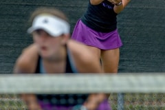 Hernando High's Valentina Vega-Diaz targets a return  playing in the number 2 doubles final match with Annabelle Chamberlain against Lecanto High during Gulf Coast 8 conference championship held a Delta Woods Park. Photo by JOE DiCRISTOFALO