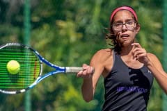 Hernando High’s Jackie Cuevas powers through a forehand return in a doubles match versus Central High at Brooksville Park Tuesday afternoon. Photo by JOE DiCRISTOFALO