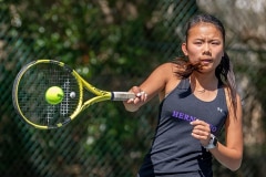 Hernando High’s Mia Liu handles a forehand return in a doubles match versus Central High at Brooksville Park Tuesday afternoon. Photo by JOE DiCRISTOFALO