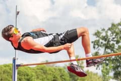 Challenger Middle School, Caleb Dye completes a successful jump on the way to his win Tuesday at Springstead High in the Hernando County Middle Athletic Conference Track Championship.  Photo by JOE DiCRISTOFALO